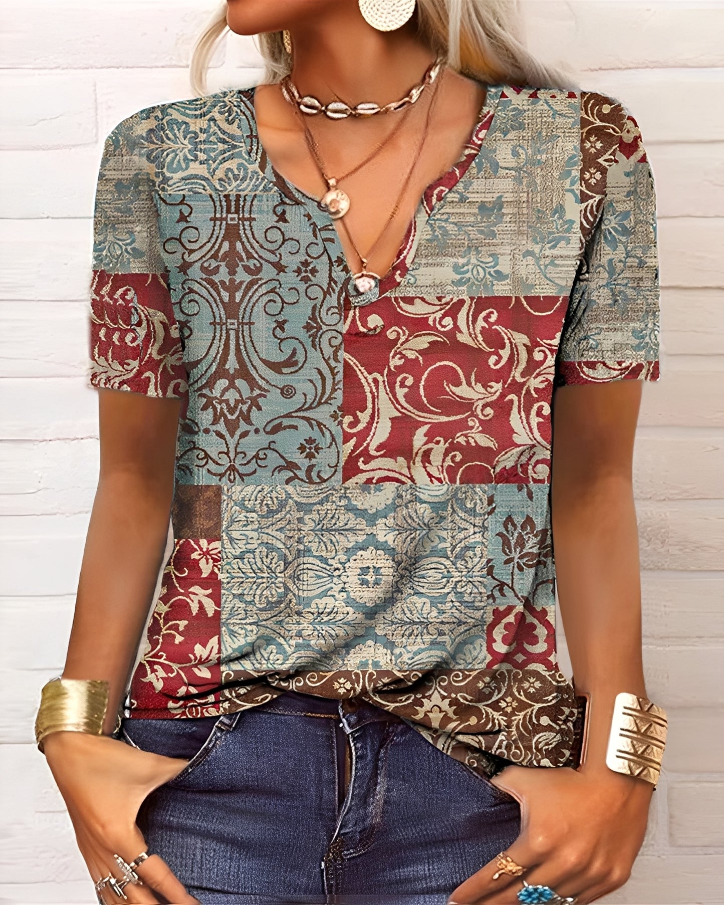 Denise - Boho-Bluse mit V-Ausschnitt und Knöpfen für Damen