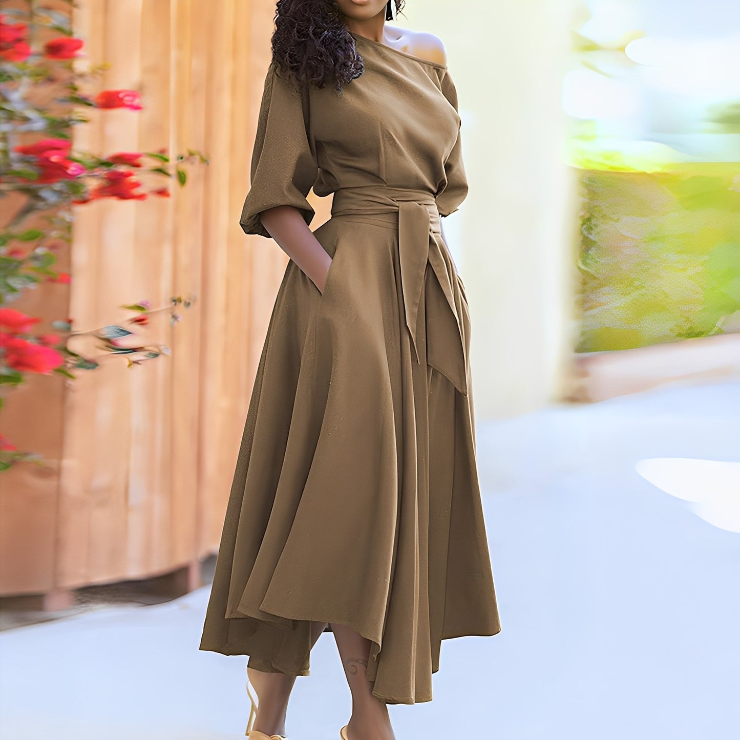 Dahlia - Elegantes schulterfreies Kleid mit Gürtel für Damen