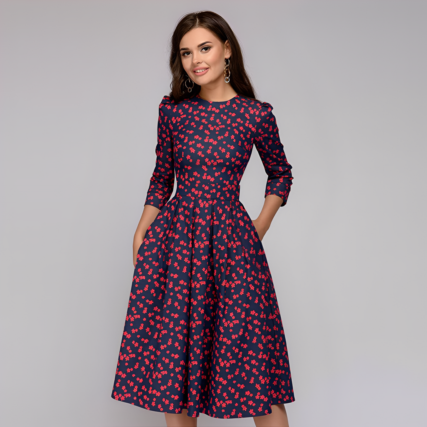 Elisabeth - Stilvolles, langärmeliges Kleid mit Blumenmuster für Damen