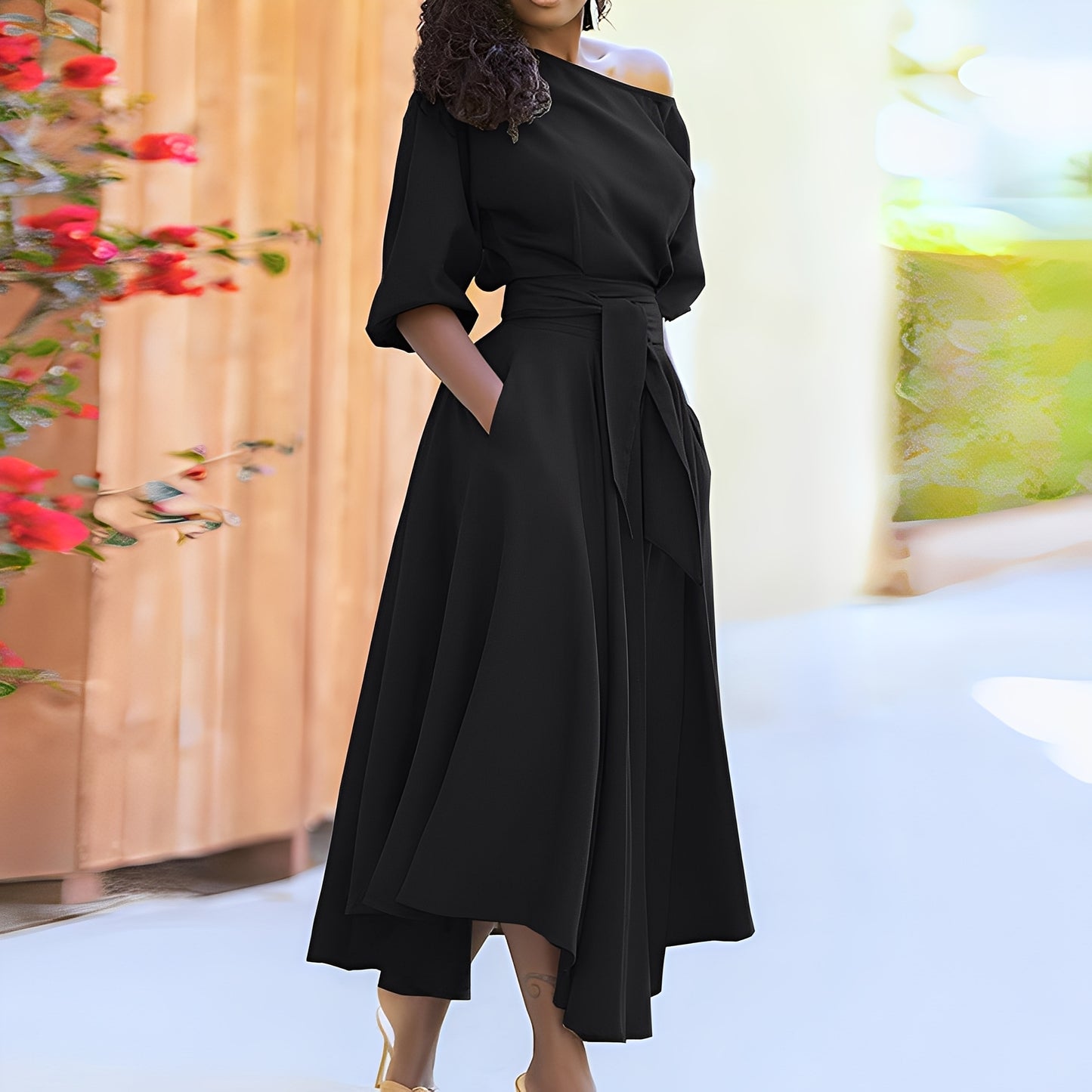 Dahlia - Elegantes schulterfreies Kleid mit Gürtel für Damen