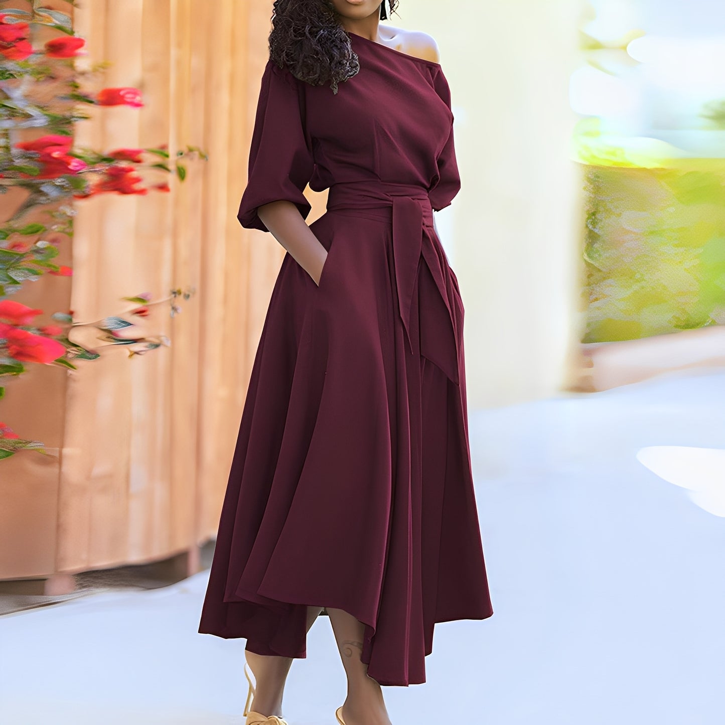 Dahlia - Elegantes schulterfreies Kleid mit Gürtel für Damen