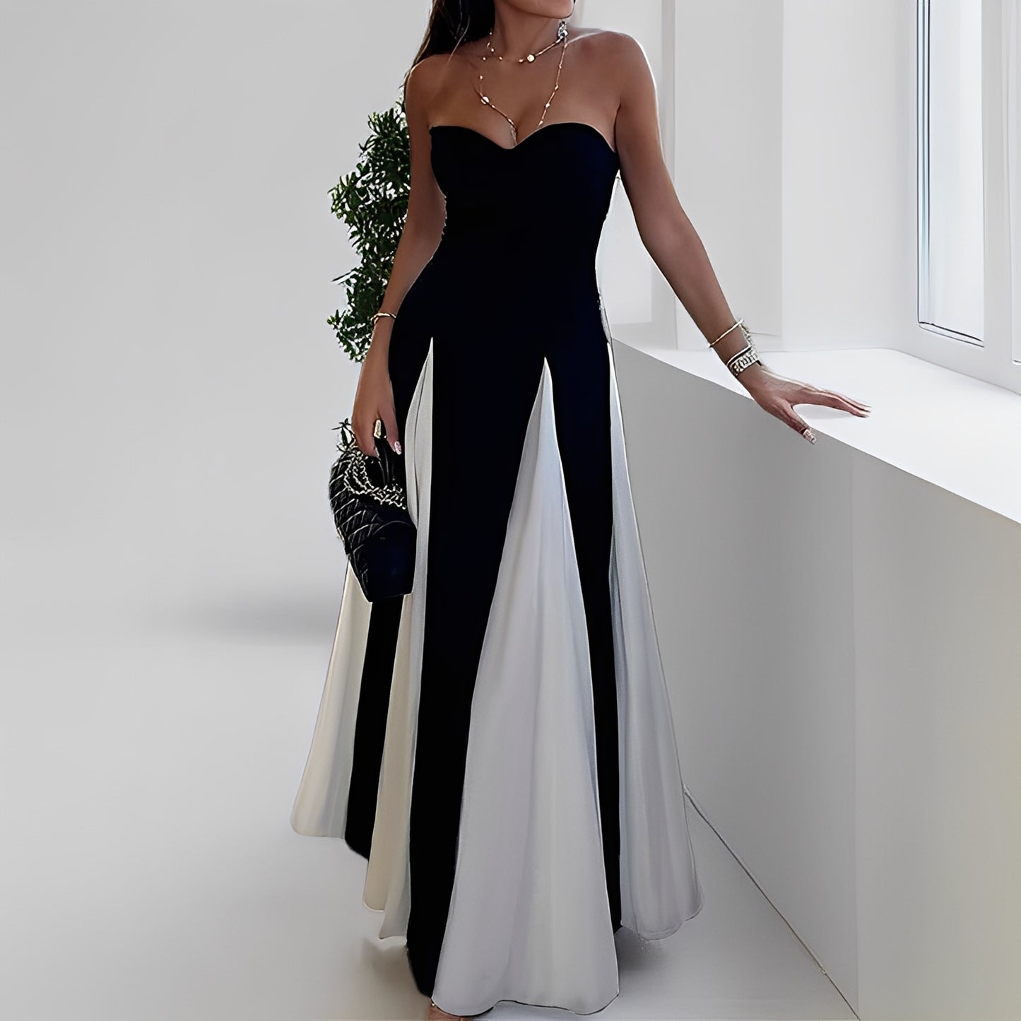 Charisse - Elegantes Kontrastkleid mit großem Saum für Damen