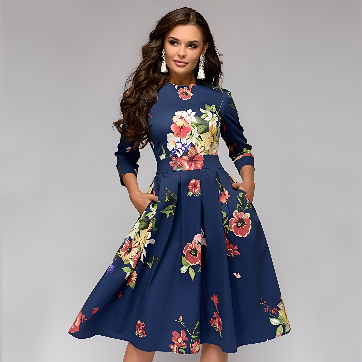 Elisabeth - Stilvolles, langärmeliges Kleid mit Blumenmuster für Damen