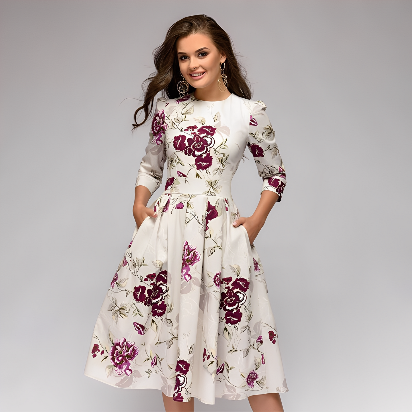 Elisabeth - Stilvolles, langärmeliges Kleid mit Blumenmuster für Damen