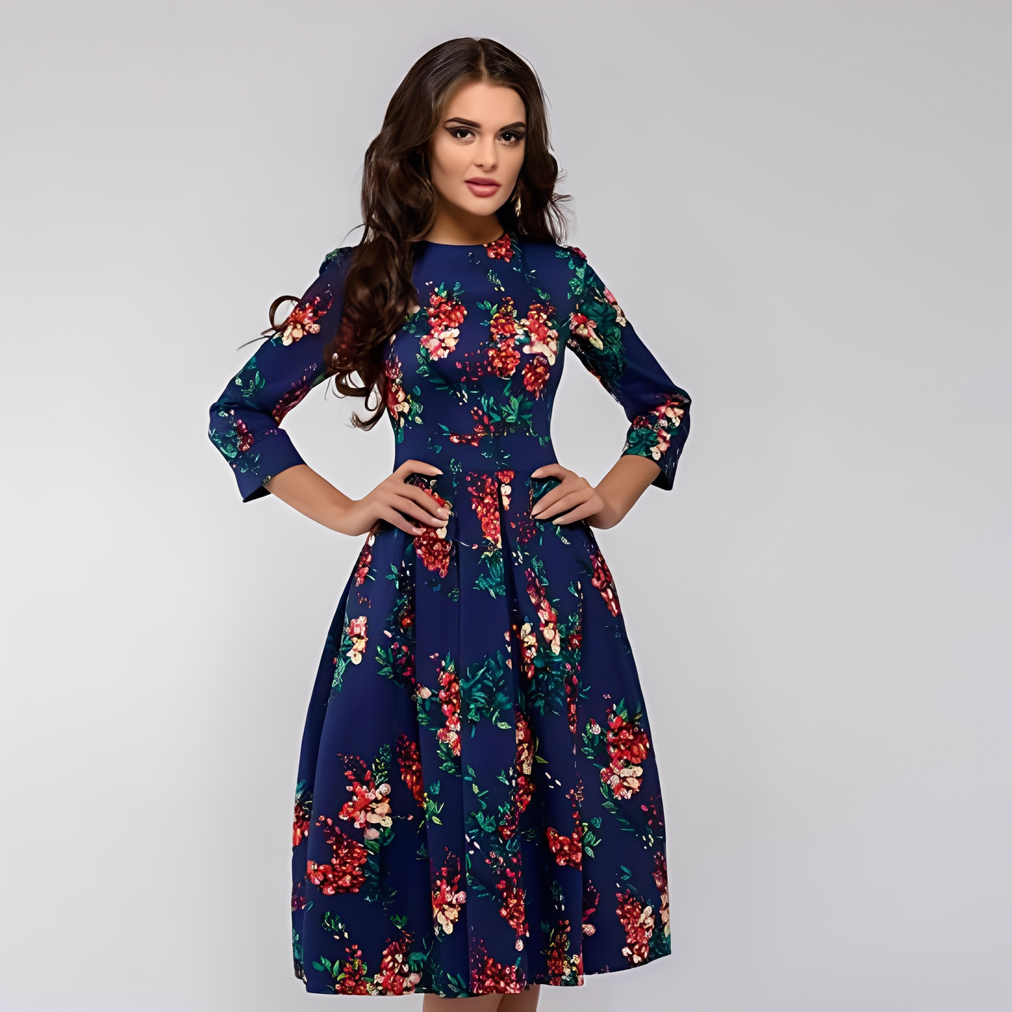 Elisabeth - Stilvolles, langärmeliges Kleid mit Blumenmuster für Damen