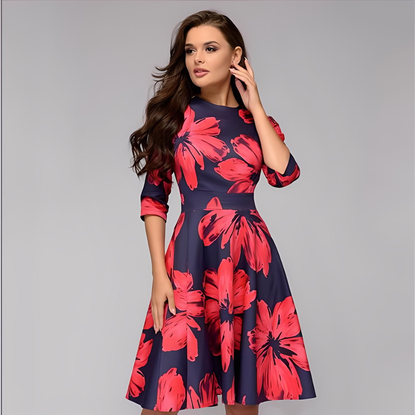 Elisabeth - Stilvolles, langärmeliges Kleid mit Blumenmuster für Damen