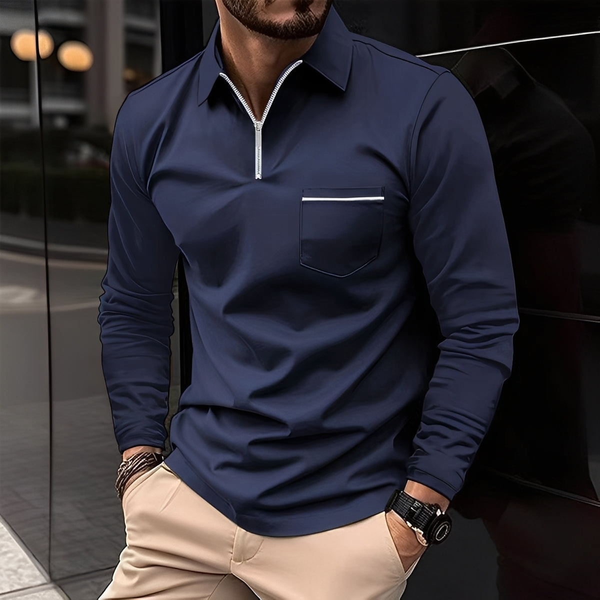 Bernard - Lässiges Langarm-Poloshirt mit Tasche für Herren