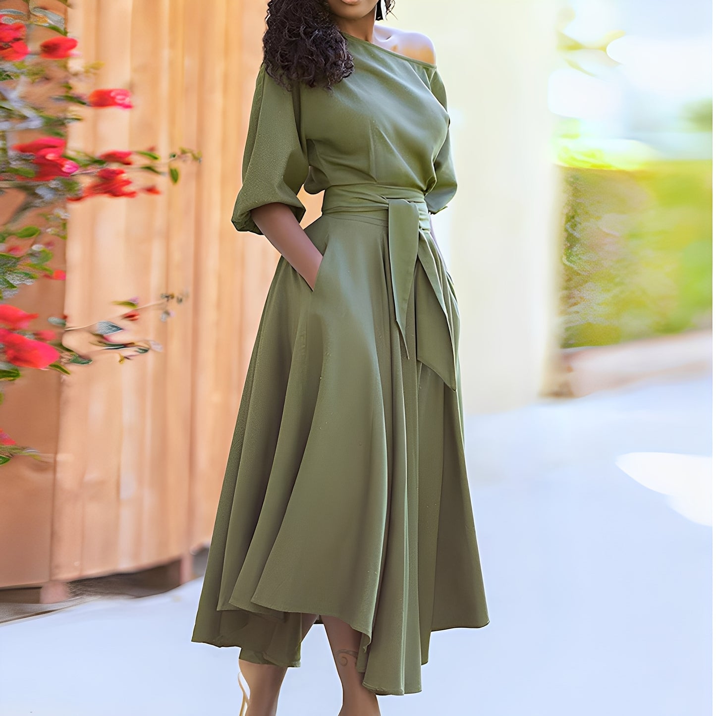 Dahlia - Elegantes schulterfreies Kleid mit Gürtel für Damen