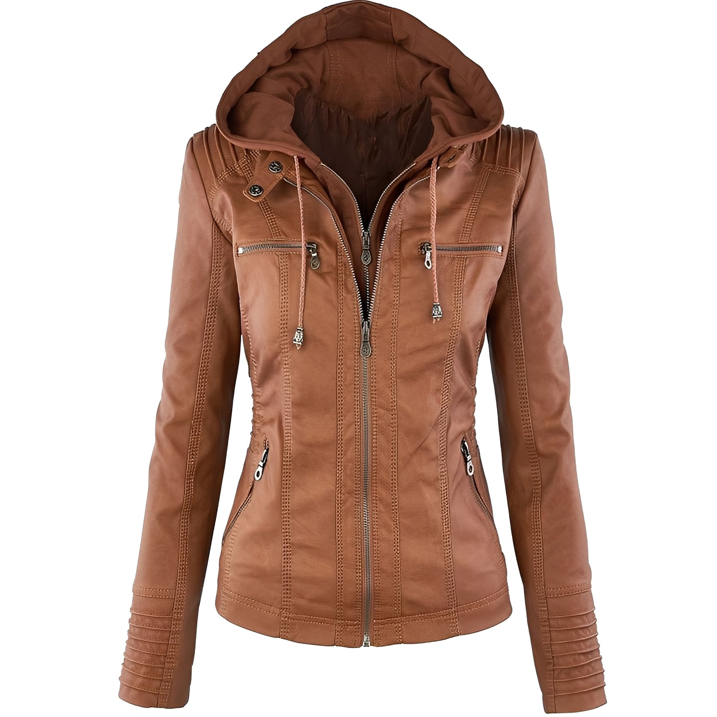 Janene - Lässige, wetterfeste Lederjacke mit Kapuze für Damen