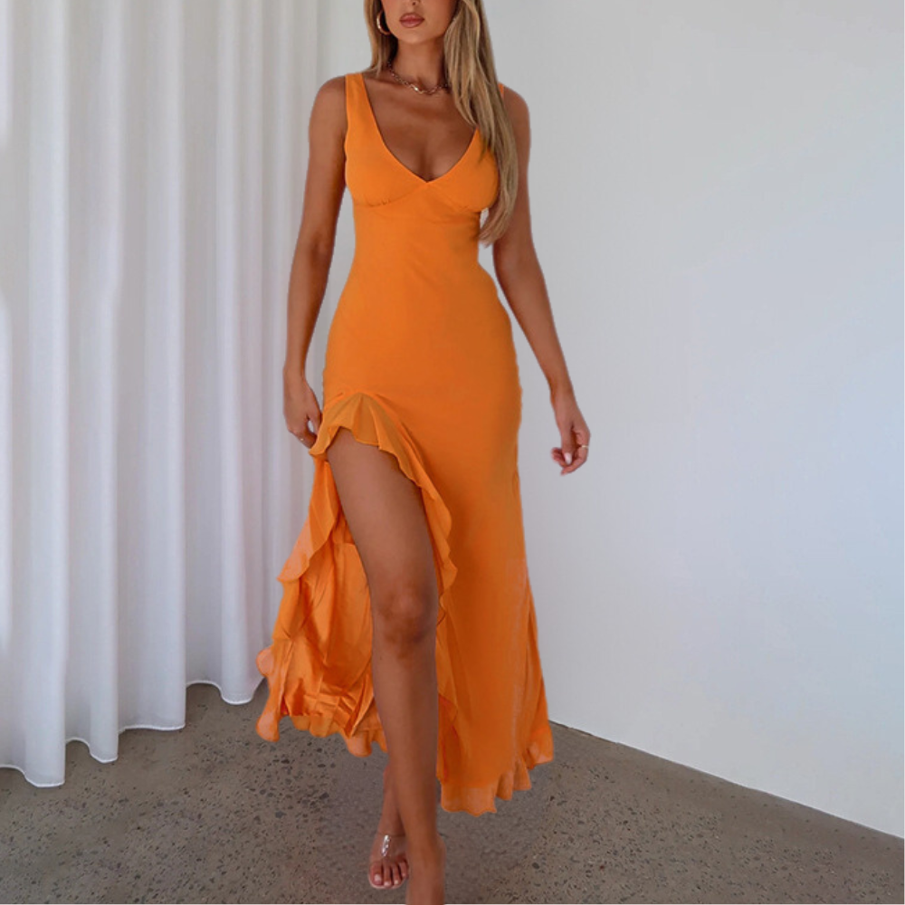Elisheva - Schickes Maxikleid mit V-Ausschnitt, Asymmetrisch