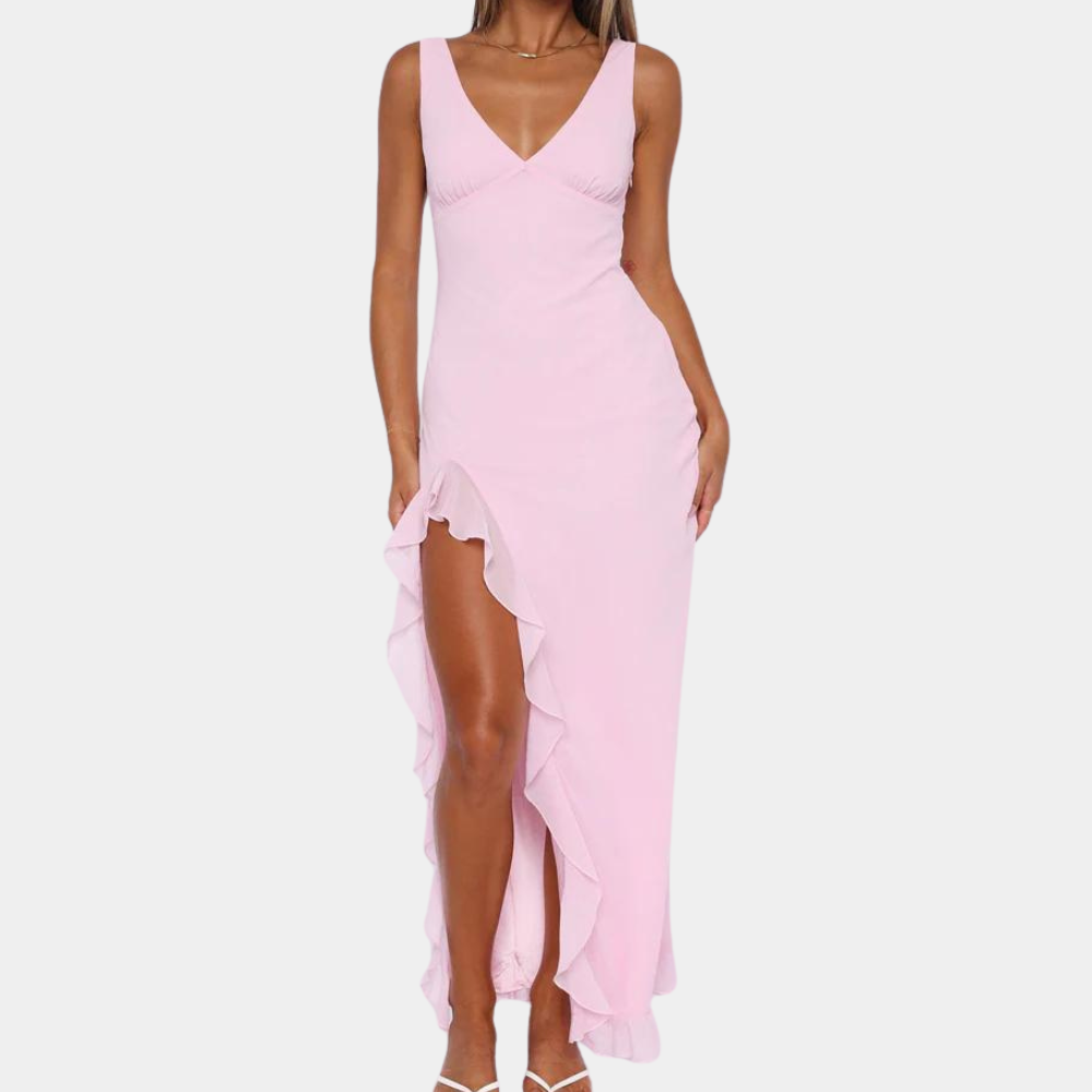 Elisheva - Schickes Maxikleid mit V-Ausschnitt, Asymmetrisch