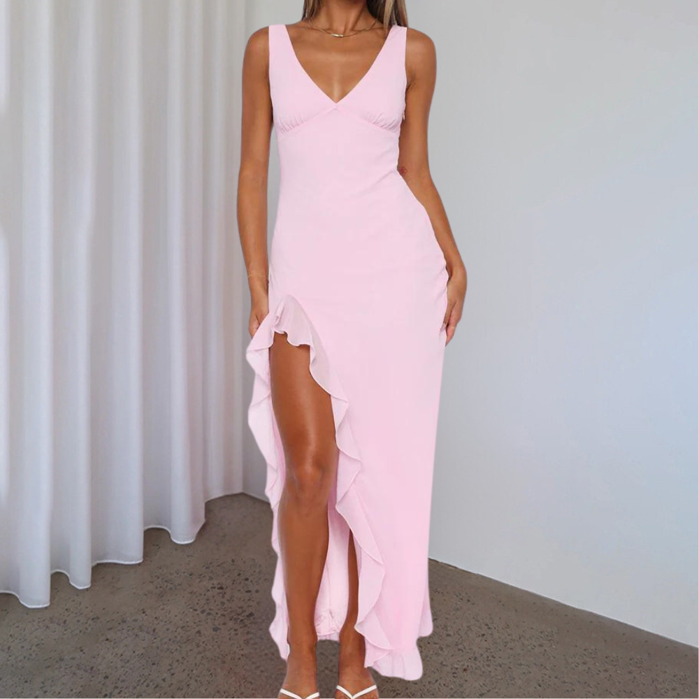 Elisheva - Schickes Maxikleid mit V-Ausschnitt, Asymmetrisch
