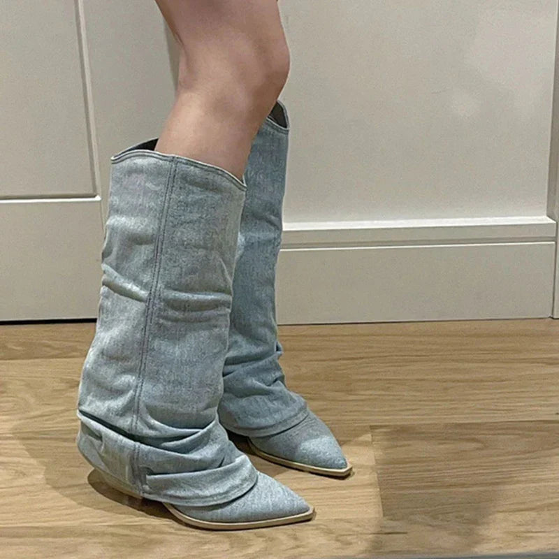 Estrid - Damen kniehohe Stiefel aus Jeansstoff
