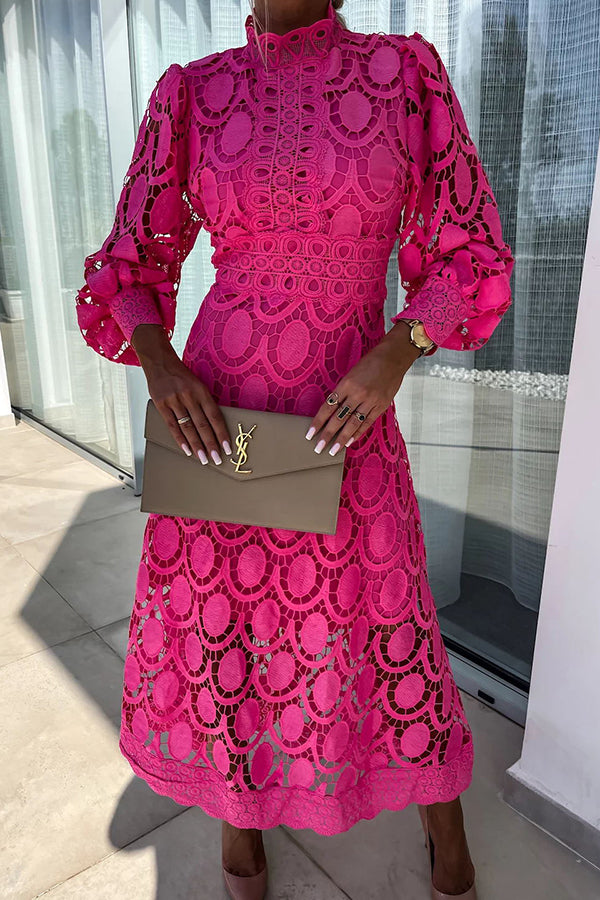 Melody - Schickes Spitzen-Midi-Kleid Hoher Kragen & Puffärmel