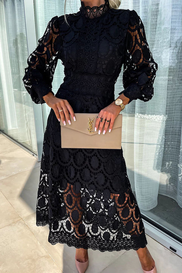 Melody - Schickes Spitzen-Midi-Kleid Hoher Kragen & Puffärmel