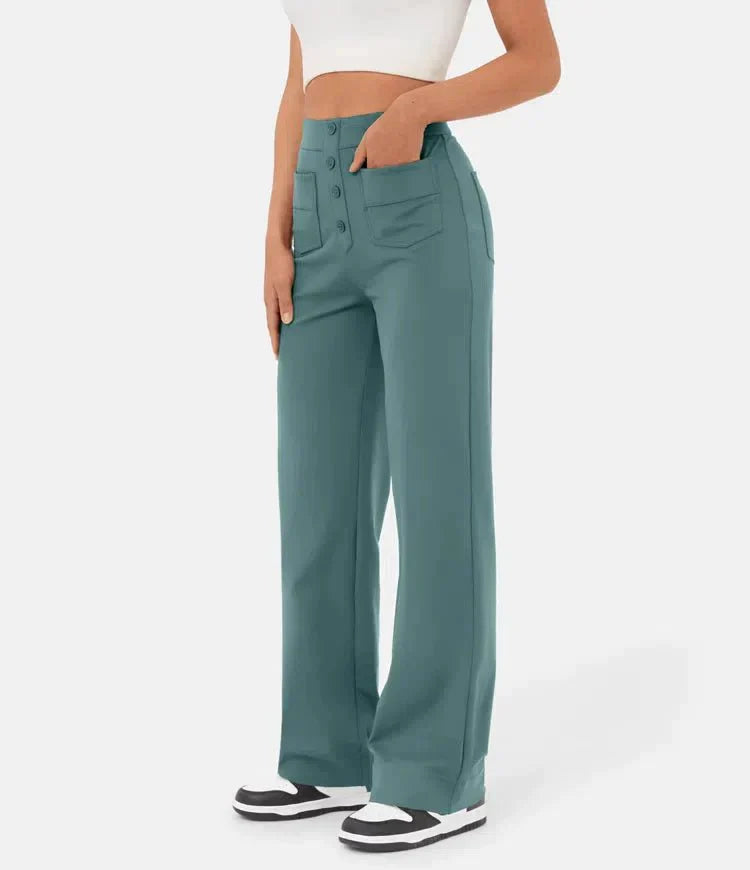 Vera – Weitbein-Hose mit hoher Taille und Knopfdetail