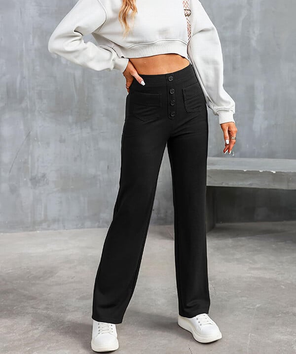 Vera – Weitbein-Hose mit hoher Taille und Knopfdetail