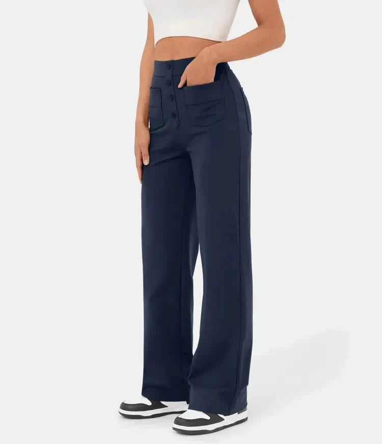 Vera – Weitbein-Hose mit hoher Taille und Knopfdetail