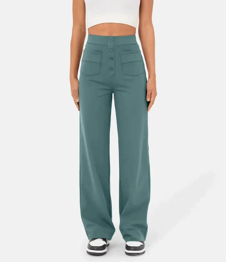 Vera – Weitbein-Hose mit hoher Taille und Knopfdetail