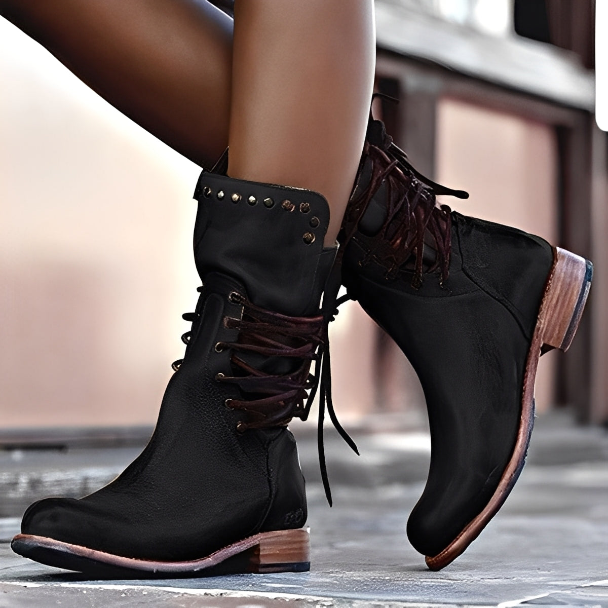 Lenora - Retro-Lederstiefel mit niedrigem Absatz für Damen