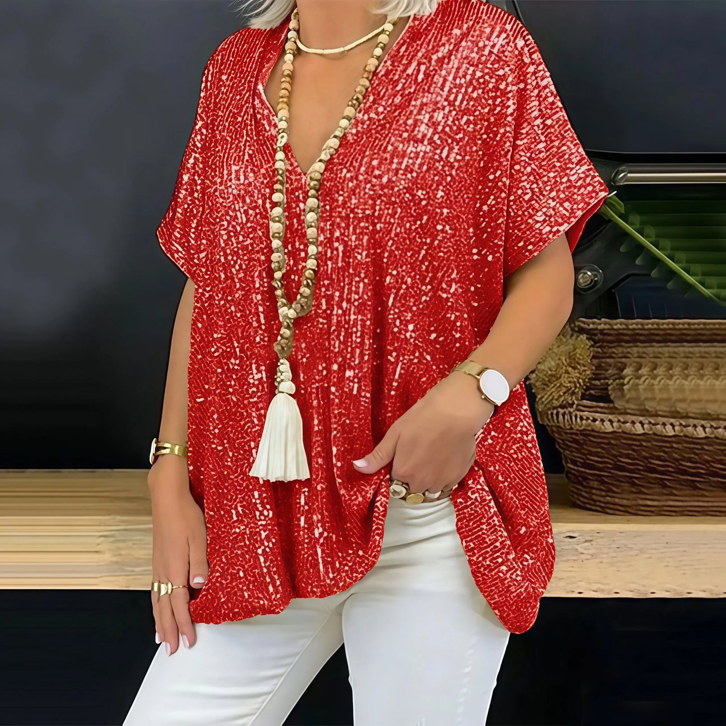 Paola - Glitzerndes T-Shirt mit V-Ausschnitt