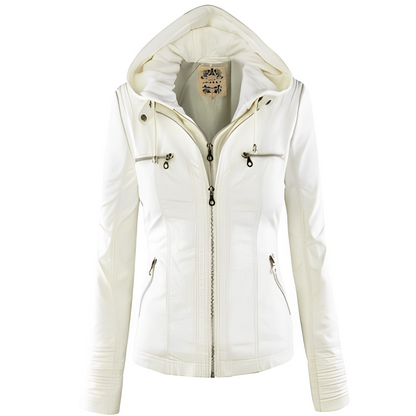 Janene - Lässige, wetterfeste Lederjacke mit Kapuze für Damen