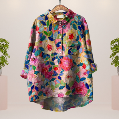 Tilda – Verspielte Bluse mit Hunde-Print und Knopfleiste