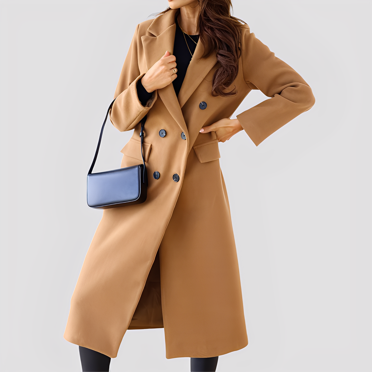 Jasmin - Eleganter doppelreihiger langer Mantel für Damen