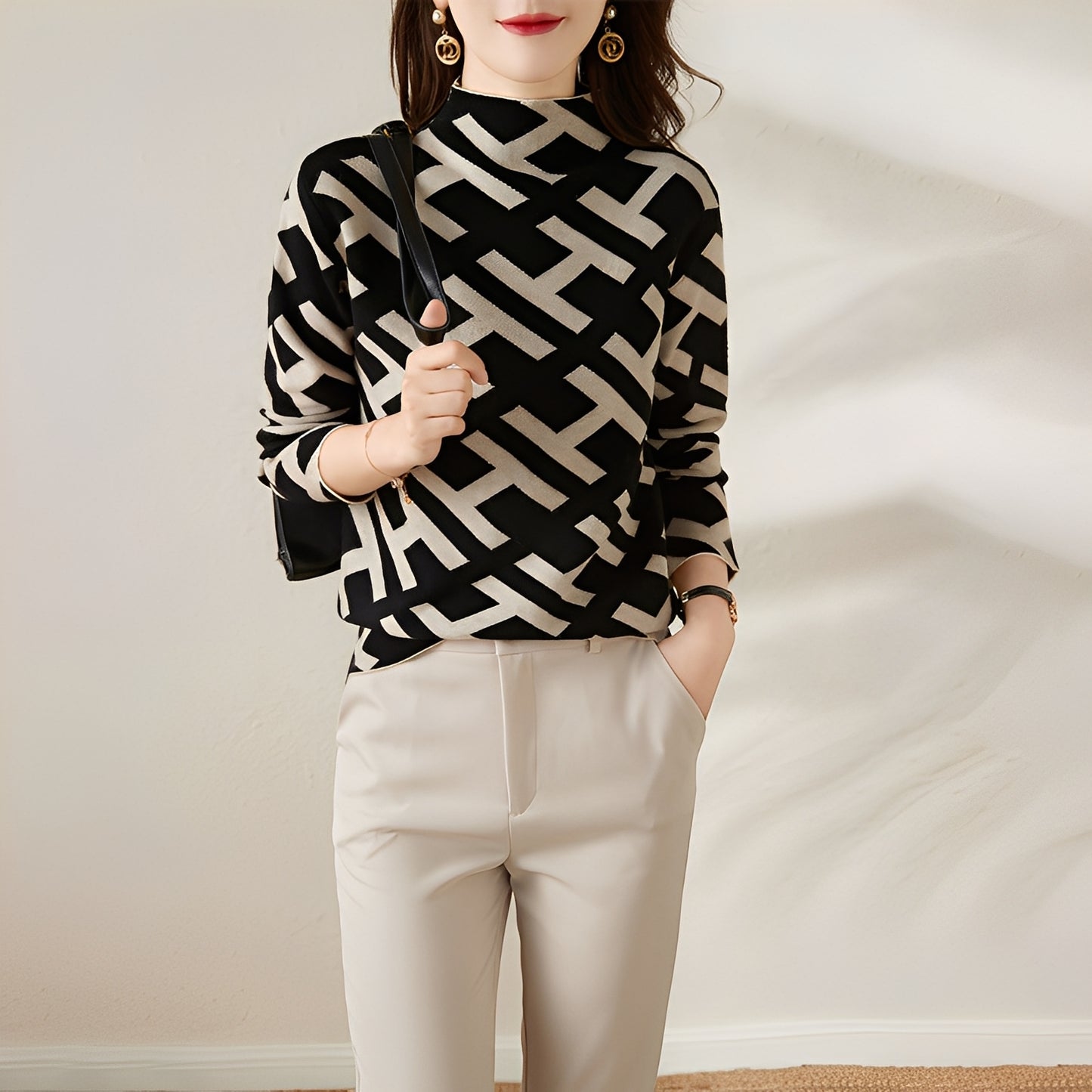 Eleanor - Stilvolles Langarm-Strickoberteil mit Print für Damen