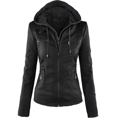 Janene - Lässige, wetterfeste Lederjacke mit Kapuze für Damen