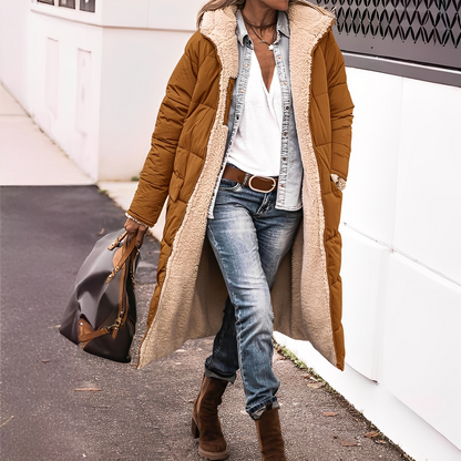 Nadège - Damen-Wintermantel lang und gesteppt mit Kapuze