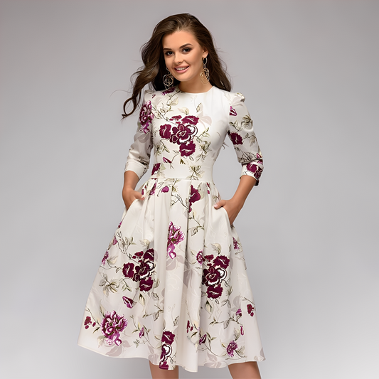Elisabeth - Stilvolles, langärmeliges Kleid mit Blumenmuster für Damen