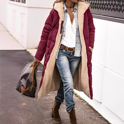 Nadège - Damen-Wintermantel lang und gesteppt mit Kapuze