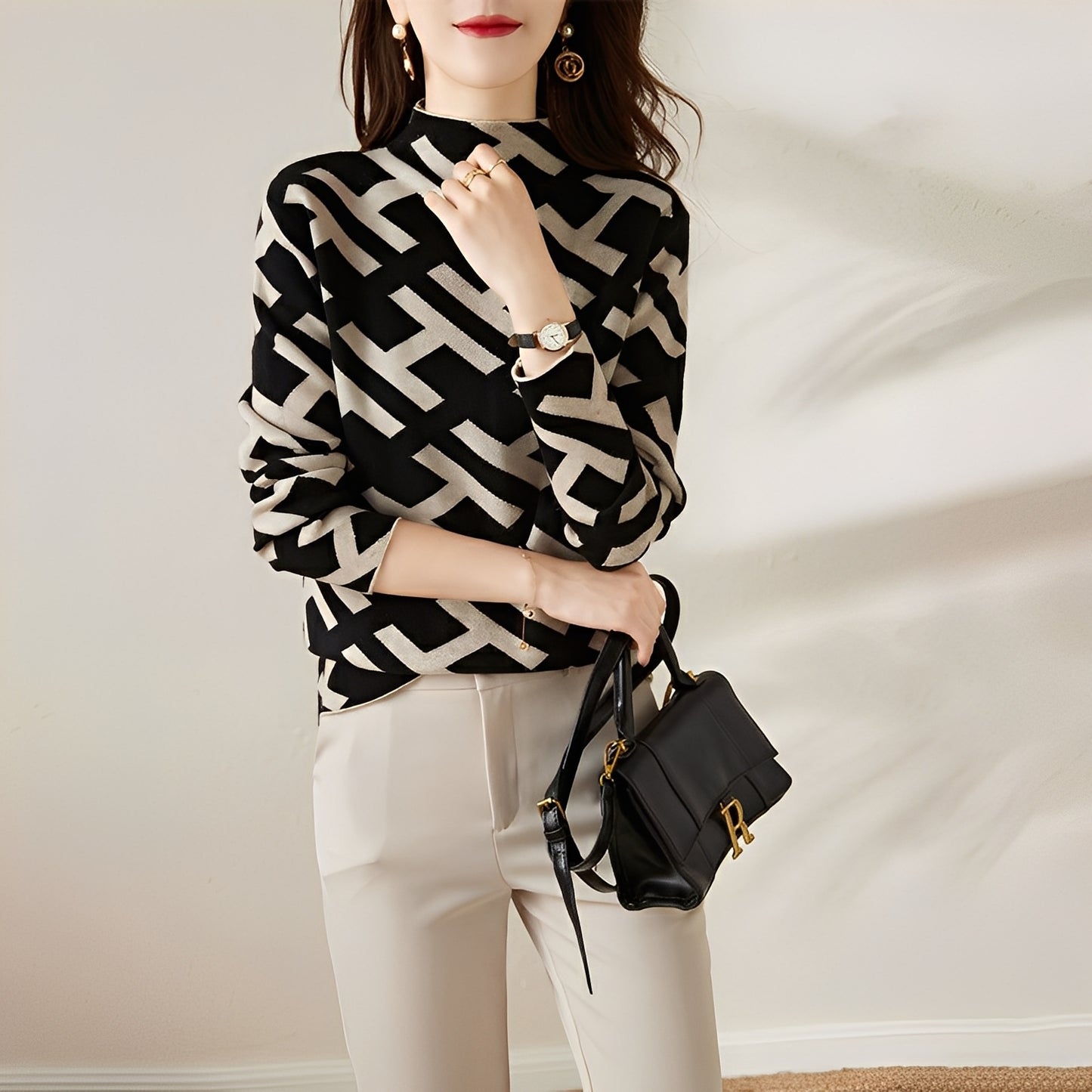 Eleanor - Stilvolles Langarm-Strickoberteil mit Print für Damen