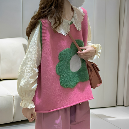 Lavina - Lässige Strickweste mit Blumen-Patchwork für Damen