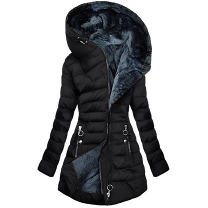 Helena - Warmer Plüschmantel mit Kapuze für Damen