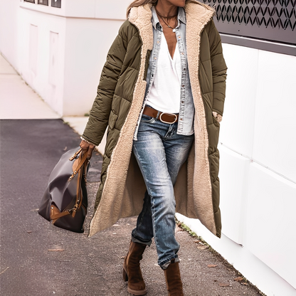 Nadège - Damen-Wintermantel lang und gesteppt mit Kapuze