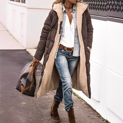 Nadège - Damen-Wintermantel lang und gesteppt mit Kapuze