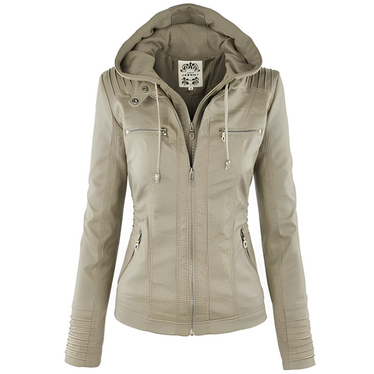 Janene - Lässige, wetterfeste Lederjacke mit Kapuze für Damen