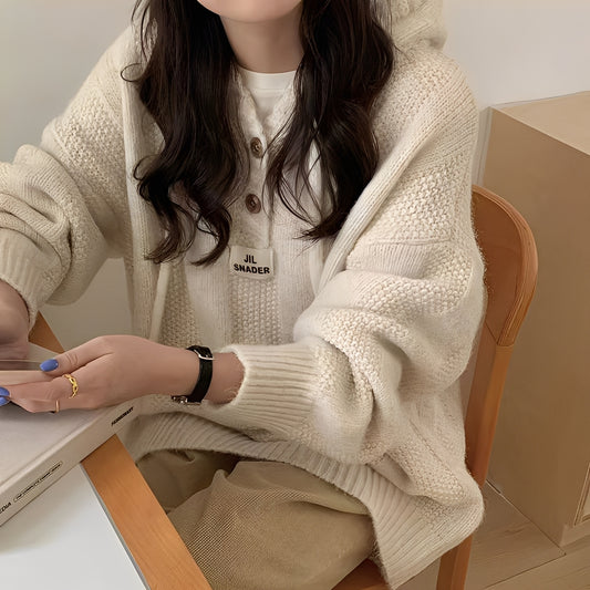 Haylee - Lässiger Strickpullover mit Kapuze und Knopfleiste für Damen