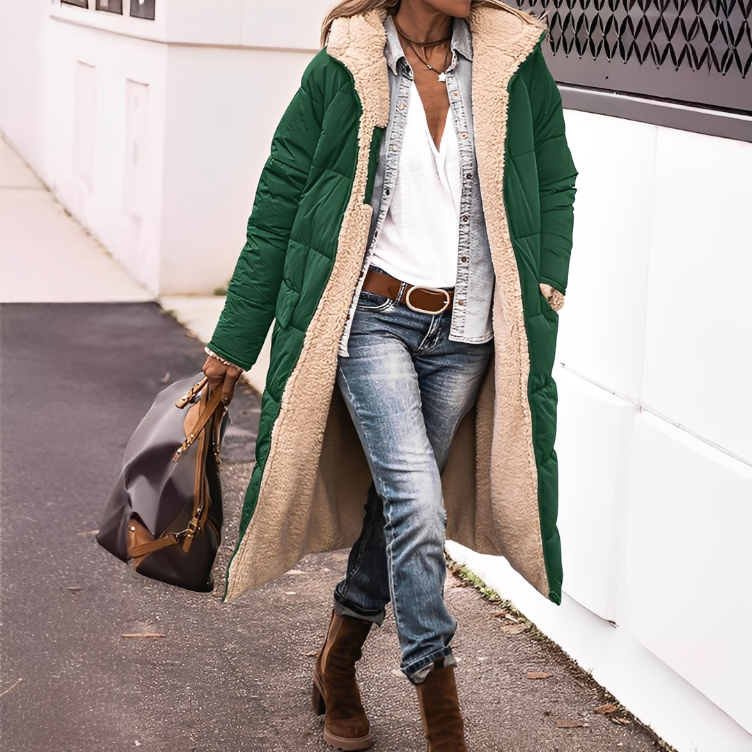 Nadège - Damen-Wintermantel lang und gesteppt mit Kapuze