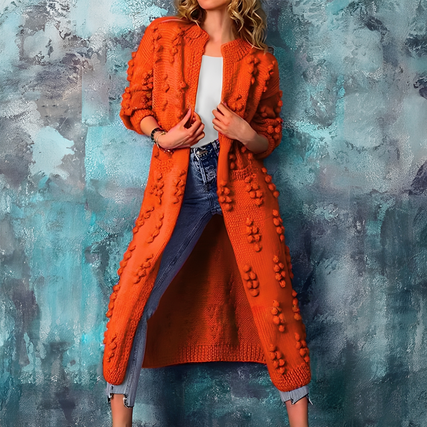 Nancy - Stilvolle lange Strickjacke mit Bommeln für Damen