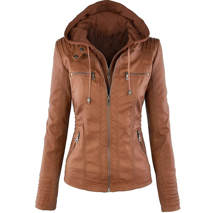 Janene - Lässige, wetterfeste Lederjacke mit Kapuze für Damen