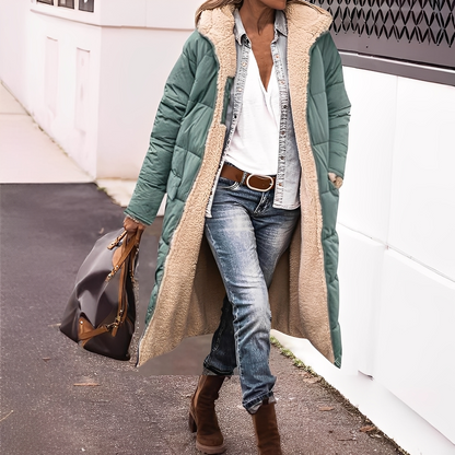 Nadège - Damen-Wintermantel lang und gesteppt mit Kapuze