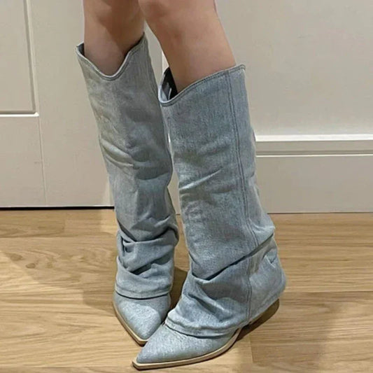 Estrid - Damen kniehohe Stiefel aus Jeansstoff