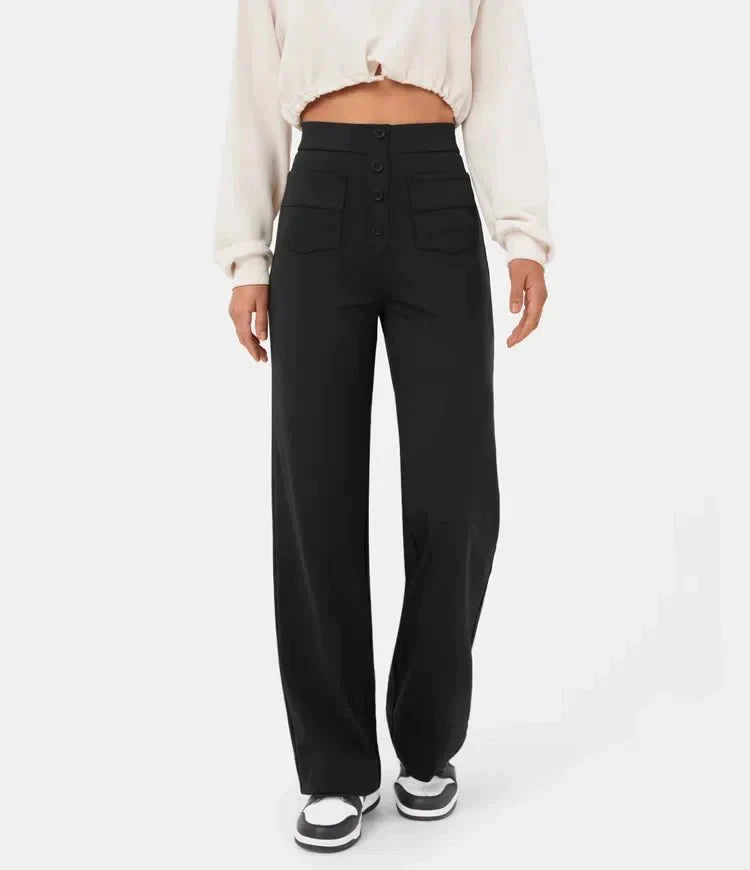 Vera – Weitbein-Hose mit hoher Taille und Knopfdetail