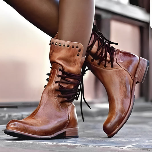 Lenora - Retro-Lederstiefel mit niedrigem Absatz für Damen